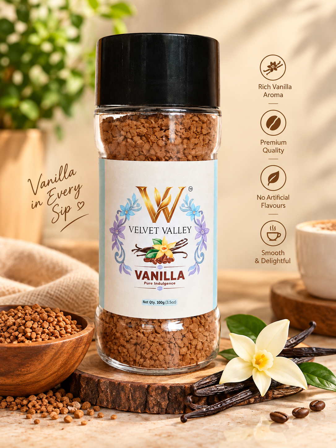 Velvet Valley Vanilla Instant Coffee | Premium Flavoured Coffee | 100g