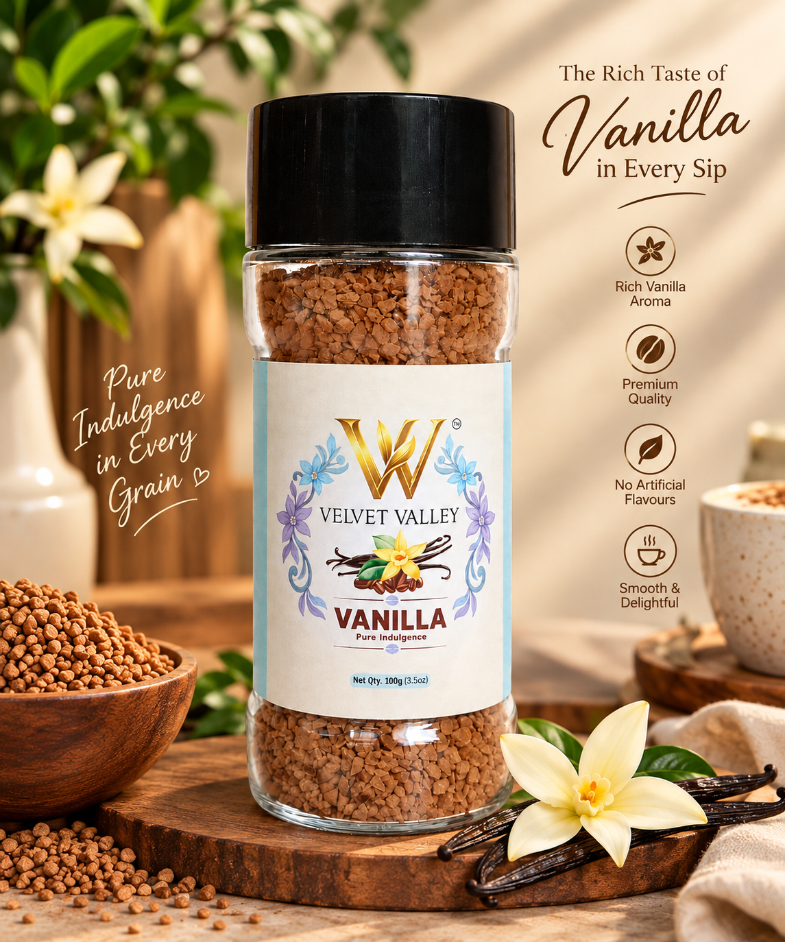 Velvet Valley Vanilla Instant Coffee | Premium Flavoured Coffee | 100g