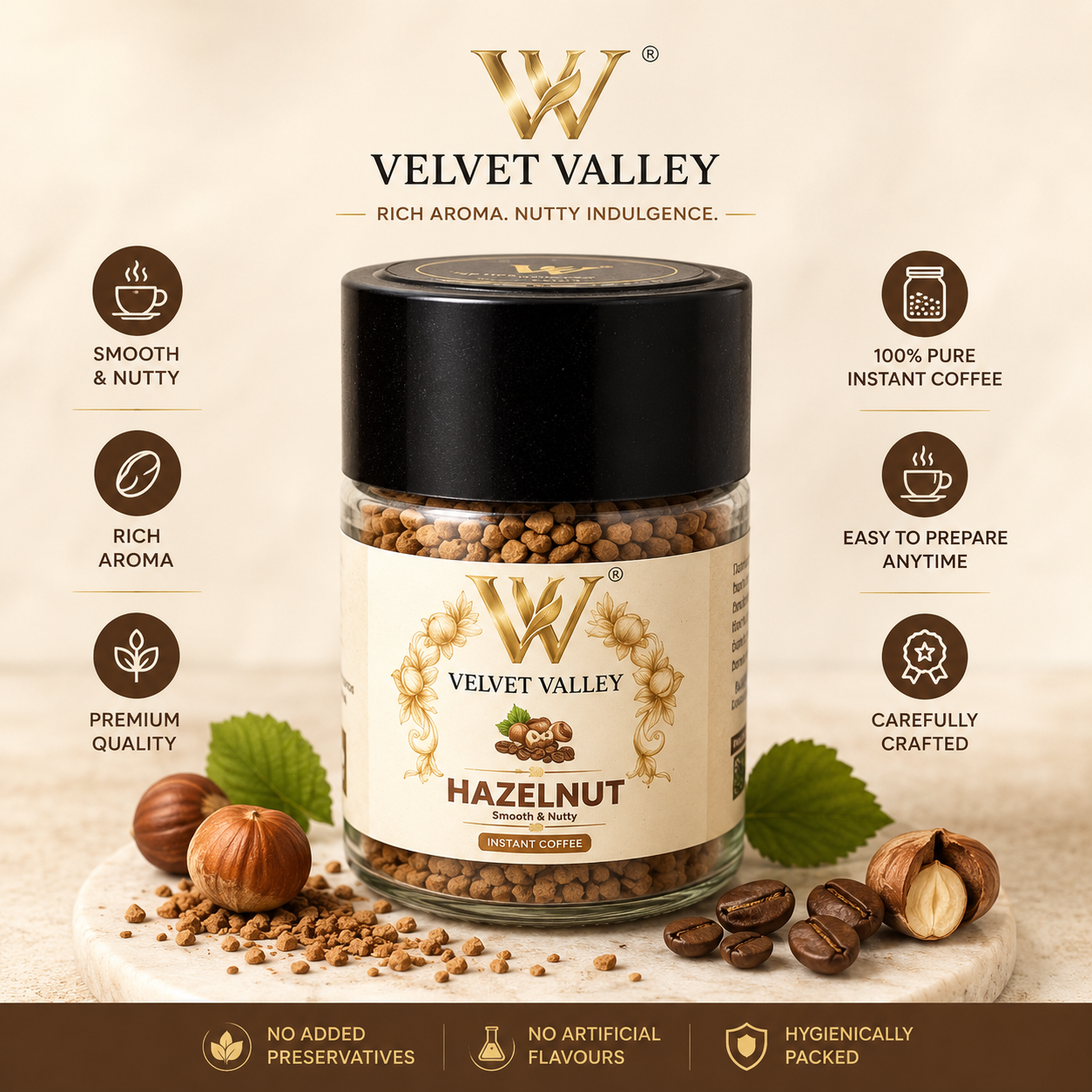 Velvet Valley Hazelnut Instant Coffee | Premium Flavoured Coffee | 50g