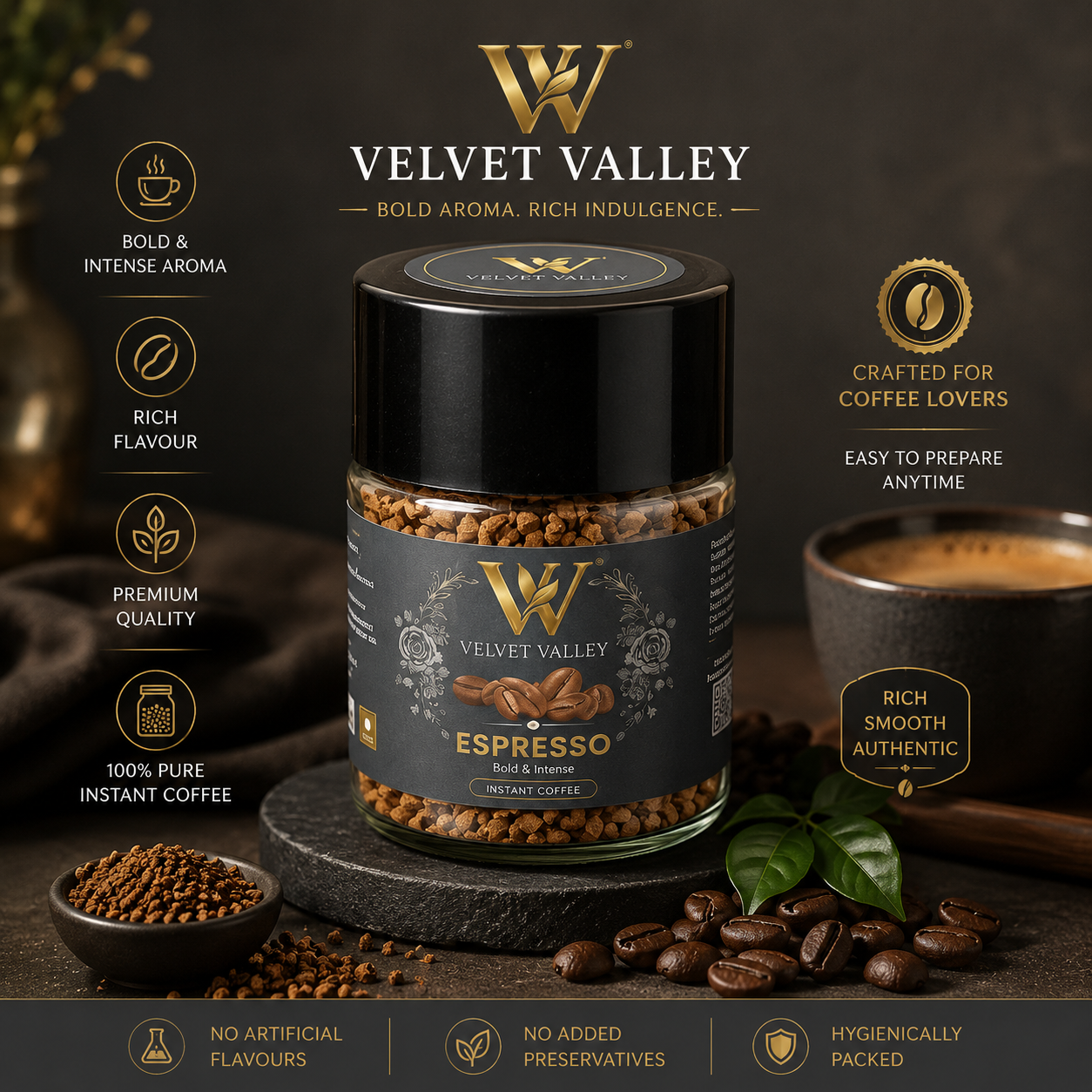 Velvet Valley Espresso Instant Coffee | Premium Coffee Blend | Rich & Bold Flavor | 50g