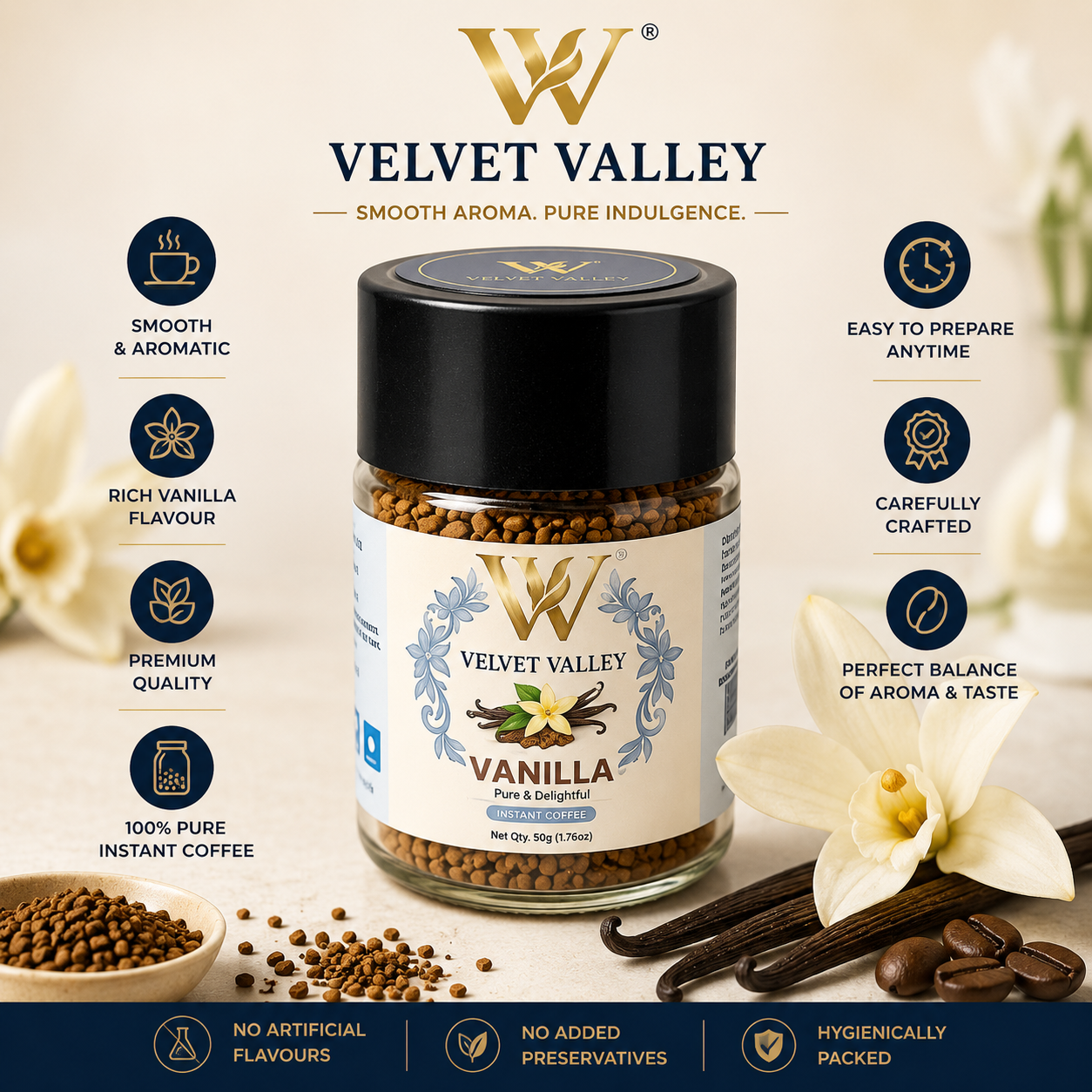 Velvet Valley Vanilla Instant Coffee | Premium Flavoured Coffee | 50g